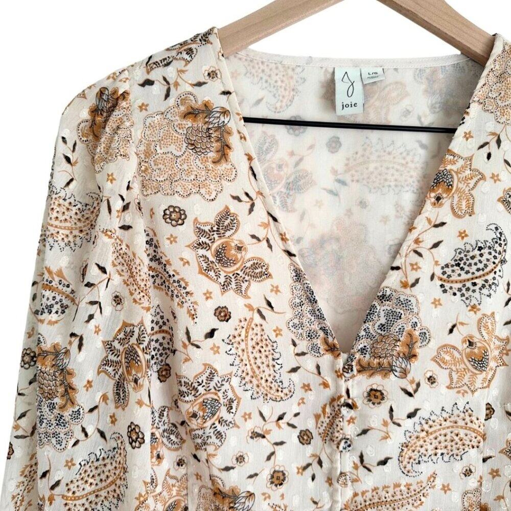 Joie V Neck Button Up Multicolor Print Cream Brown L - Picture 3 of 12